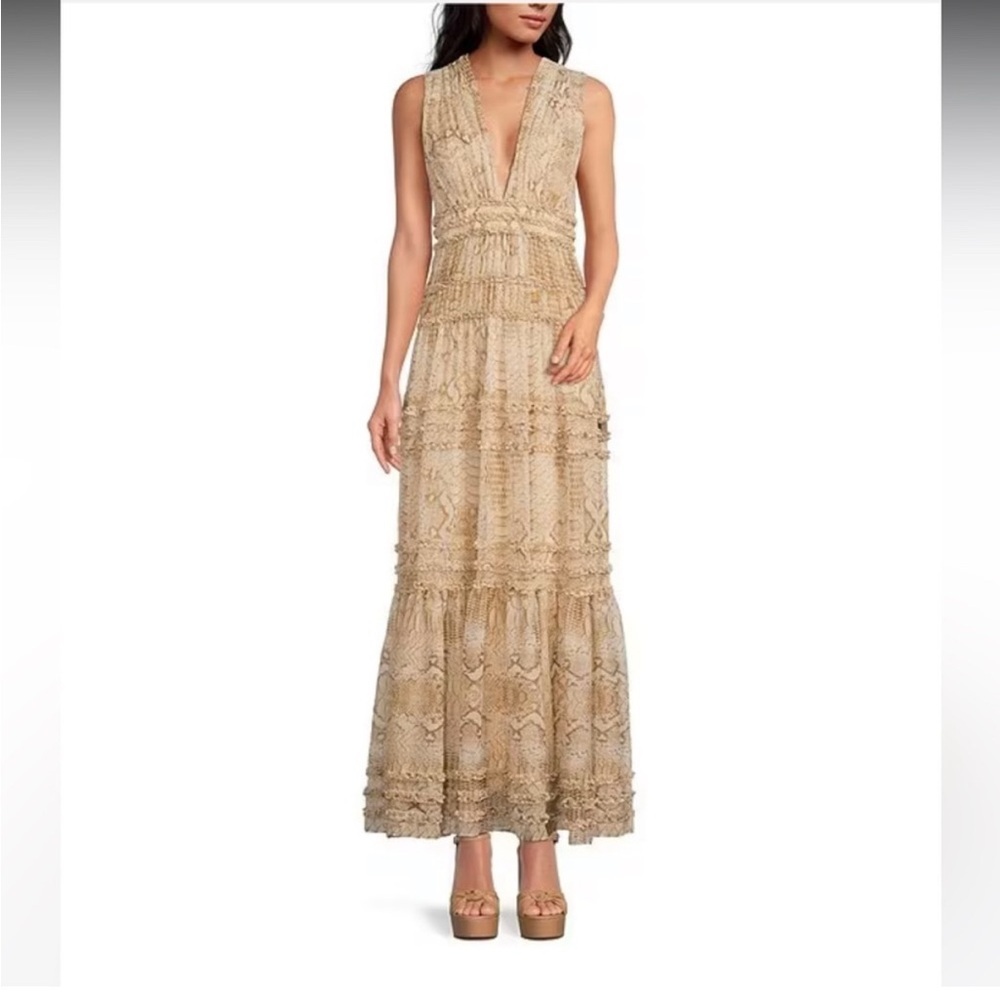 Gianni Bini Athena Snake Print Crinkled Chiffon Plunging  A-Line Maxi Dress